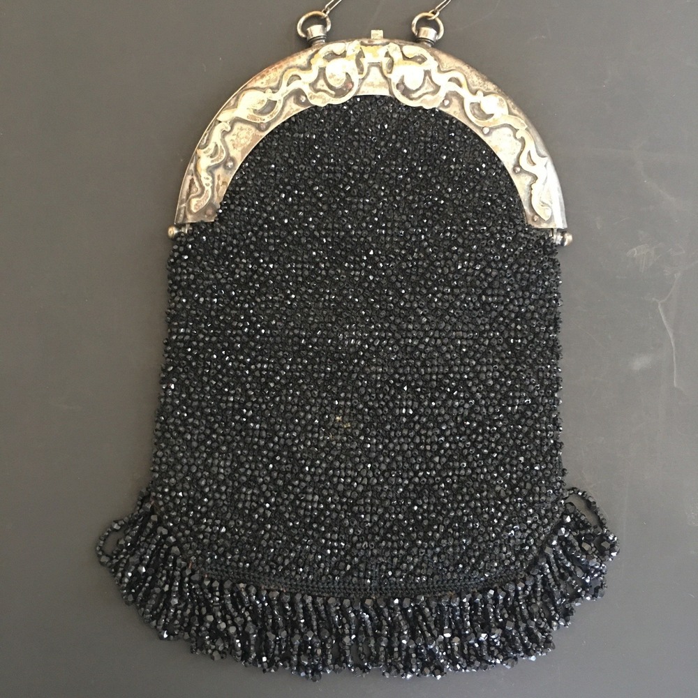 Antique 1920s Micro Beaded Flapper Purse Fringe Evening Bag Metal Frame